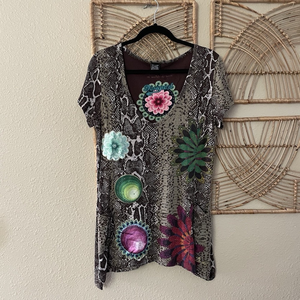Desigual Floral Snake Print Top Blouse V-Neck Artsy Boho Eclectic Sz XXL B7